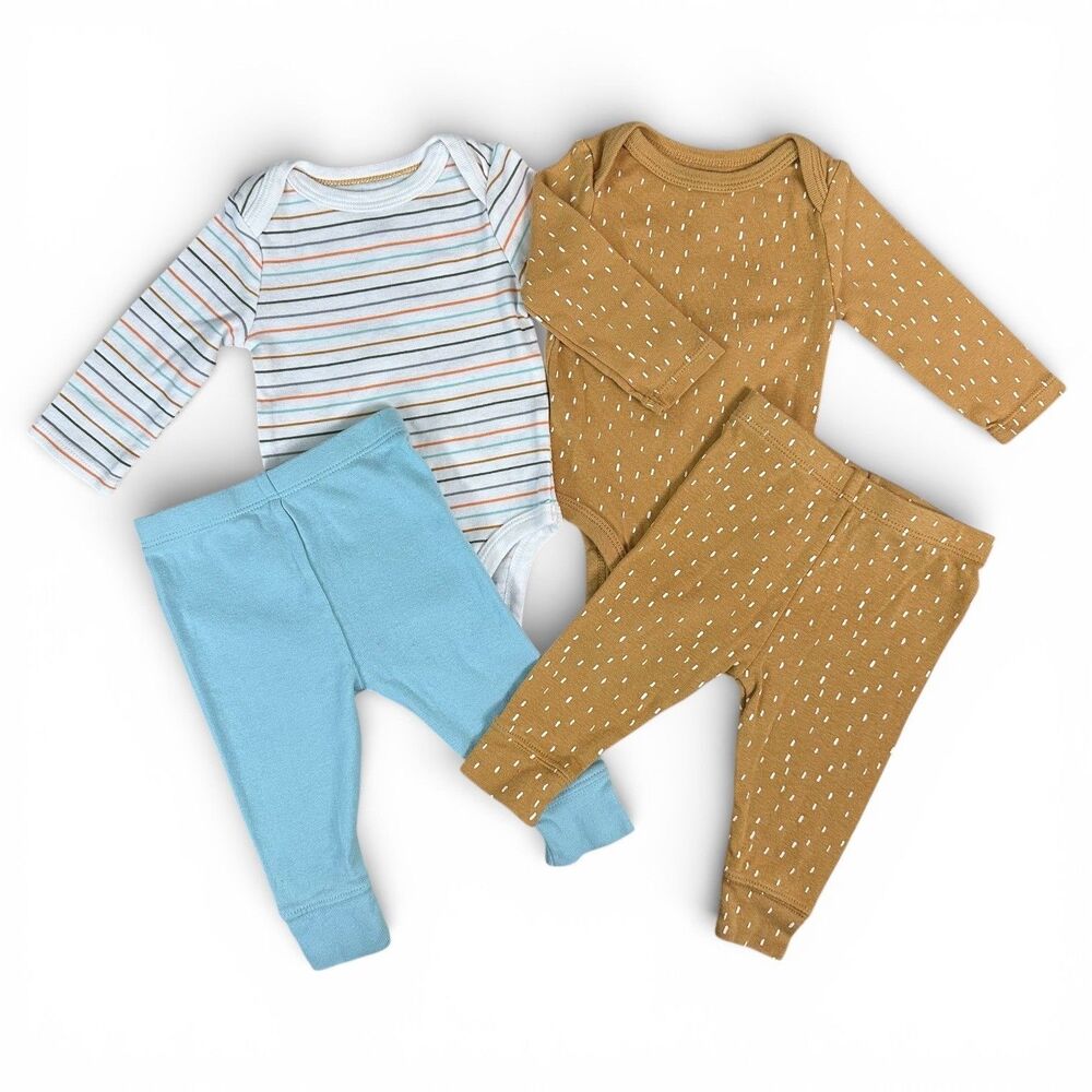 Cloud Island Baby Boy 4-Piece Set Bodysuits and Pants Blue Mustard 0-3 Months